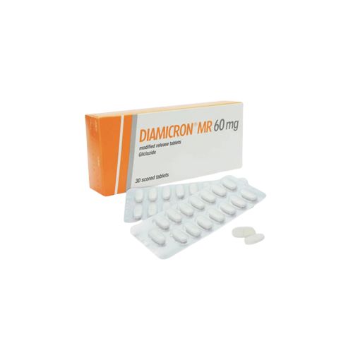 Diamicron MR 60mg tablets pack with carton and white blister strip of tablets