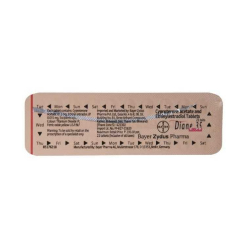 Diane 35 (Cyproterone + Ethinylestradiol) Bayer blister strip showing calendar layout of tablets