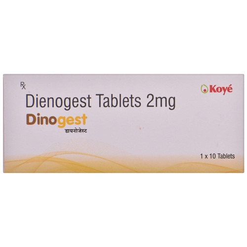 Dinogest 2mg tablets white branded carton box with product label