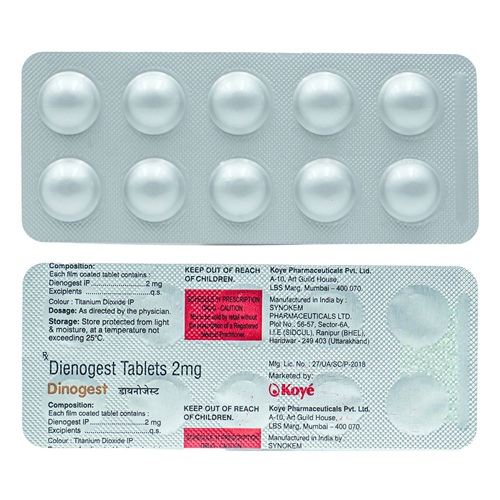 Dinogest 2mg blister strip with printed dosage label and 10 round tablets