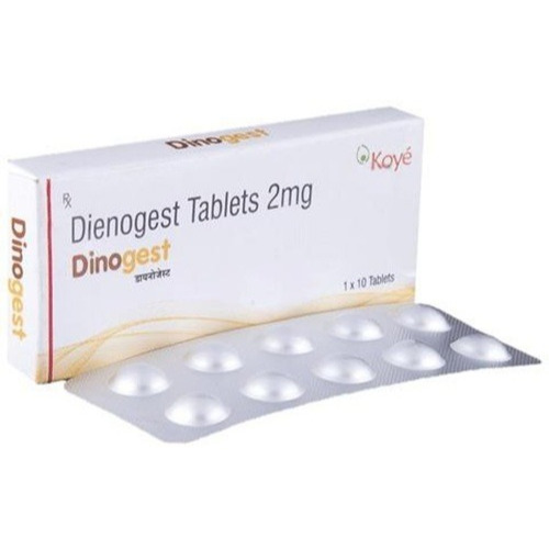 Dinogest 2mg product box with leaflet and silver blister pack displayed