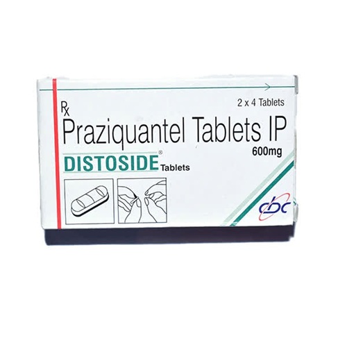 Distoside 600 (Praziquantel) 600mg 8 tablets carton box front view for online pharmacy antiparasitic treatment