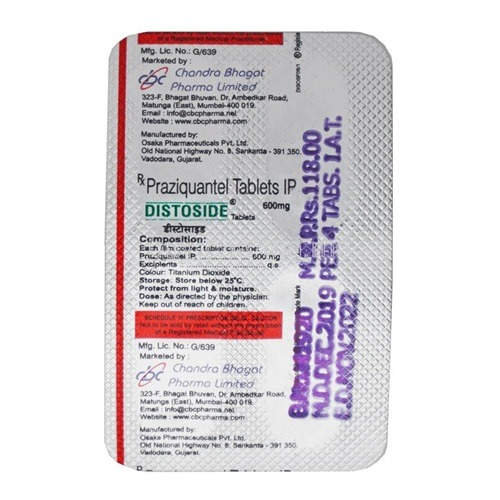 Distoside 600 (Praziquantel) 600mg 8 tablets blister strip close-up with printed foil details for schistosomiasis and tapeworm infection therapy online pharmacy