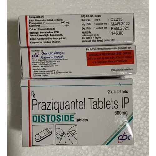 Distoside 600 (Praziquantel) 600mg 8 tablets blister packs with carton packaging set display for antiparasitic and deworming treatment online pharmacy
