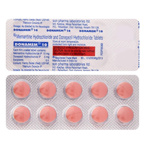 Donamem 10mg Memantine and Donepezil Hydrochloride red round tablets in silver blister sheet