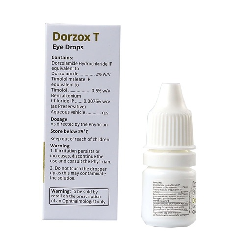 Dorzox T Eye Drops 5ml back view of packaging with dropper bottle – used for ocular hypertension treatment