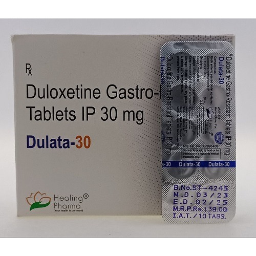 Dulata 30 tablets 30mg silver foil blister strip with printed text and orange tablets