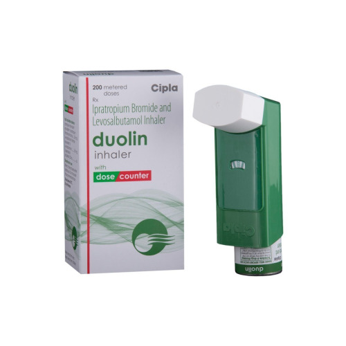 Duolin inhaler device with outer box showing Cipla branding and dosage information