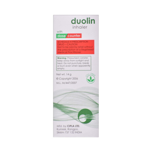 Backside packaging of Duolin inhaler 200 mdi with product composition and instructions