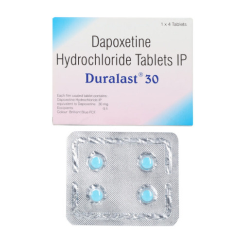 Duralast 30mg dapoxetine tablets white and blue box packaging with blister strip