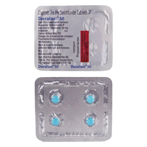 Duralast 30mg dapoxetine tablets close-up of blister showing 4 blue tablets