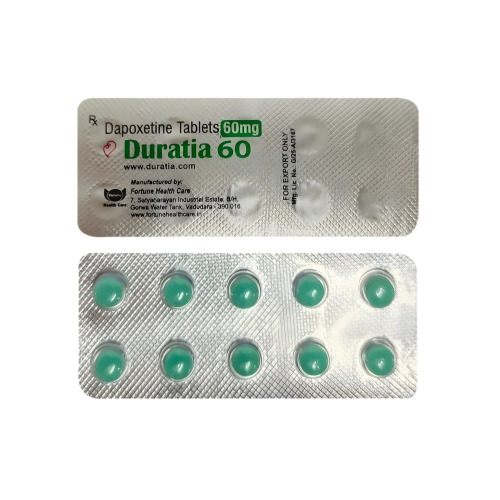 Duratia 60mg blister pack with silver foil and printed text showing dosage information