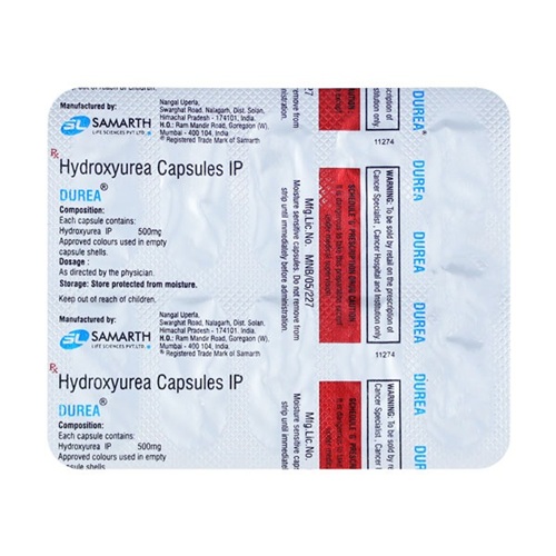 Durea 500 (Hydroxyurea) 500mg 100 capsules foil blister pack close-up with printed label for leukemia and myeloproliferative disorder therapy online pharmacy