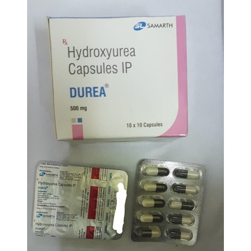 Durea 500 (Hydroxyurea) 500mg 100 capsules blister strips and carton packaging set display for oncology and sickle cell anemia treatment online pharmacy
