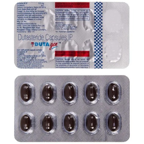Dutagen 0.5mg softgel blister strip close-up, capsules and label details visible