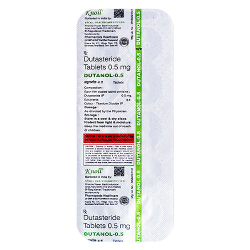 Dutanol 0.5mg blister strip close-up beside package, label and tablet details visible