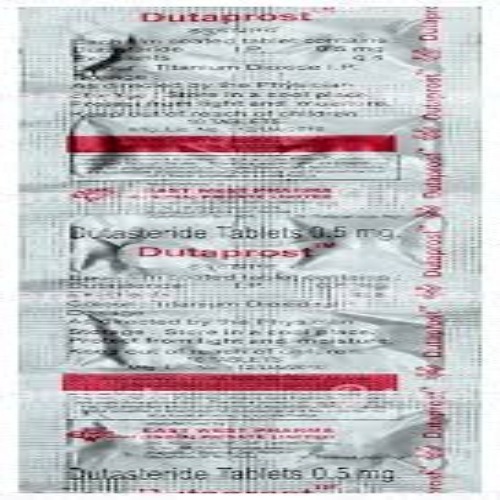 Dutaprost 0.5mg blister strip close-up, tablets and printed label information legible