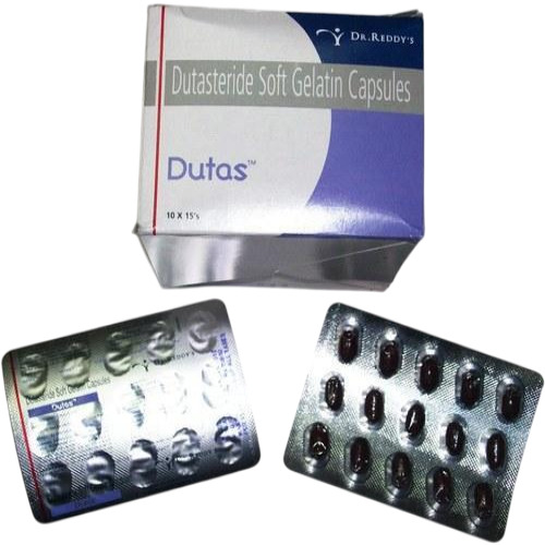 Dutas 0.5mg 150 Capsules pack – dutasteride box and blister strips for BPH management and male pattern baldness