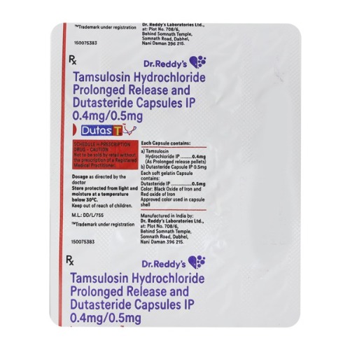 Dutas-T (Tamsulosin Hydrochloride + Dutasteride) blister strip showing capsule details and printed foil