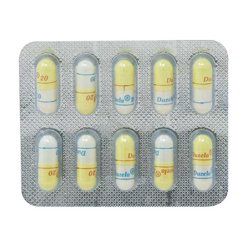 Duzela 20 capsules 20mg silver foil blister strip with printed text and yellow-white capsules
