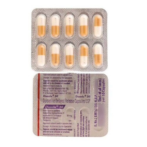 Duzela 30 capsules 30mg silver foil blister strip with printed text and yellow-white capsules