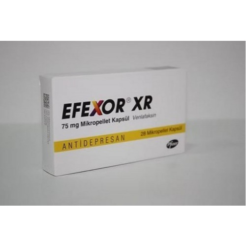 Effexor-XR 75mg (Venlafaxine HCl) side view of box packaging with extended-release capsules