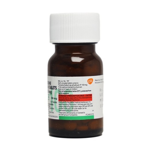 Eltroxin 100mcg tablets bottle back label view, brown pill bottle with white cap