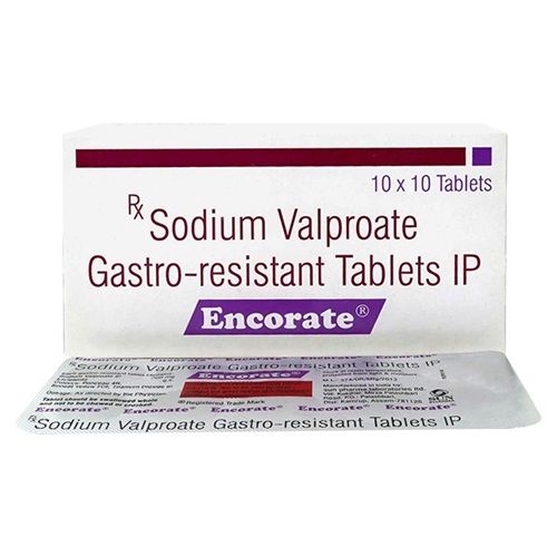 Encorate 200mg Sodium Valproate tablets outer carton with blister packaging