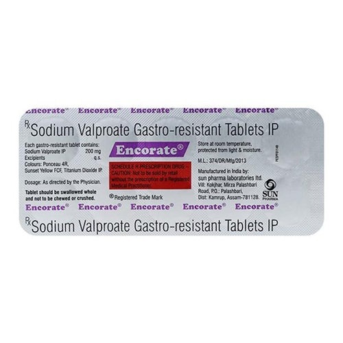Encorate 200mg white round tablets in silver blister strip with printed label