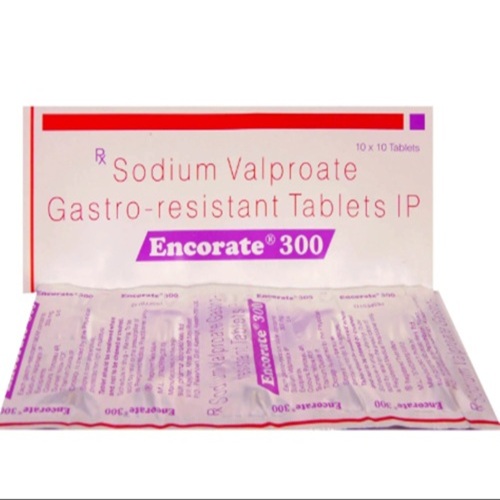 Encorate 300mg Sodium Valproate tablets outer carton with purple branding and blister pack