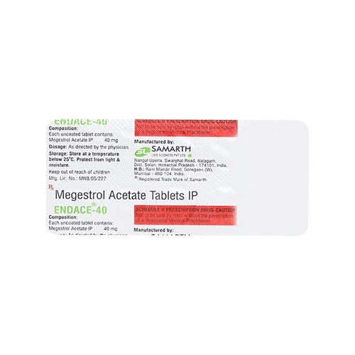 Endace 40 (Megestrol Acetate) 40mg 30 tablets close-up blister pack with printed foil details for appetite stimulation and oncology supportive care online pharmacy