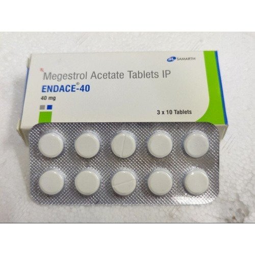 Endace 40 (Megestrol Acetate) 40mg 30 tablets blister strips and carton packaging set display for breast and endometrial cancer therapy online pharmacy
