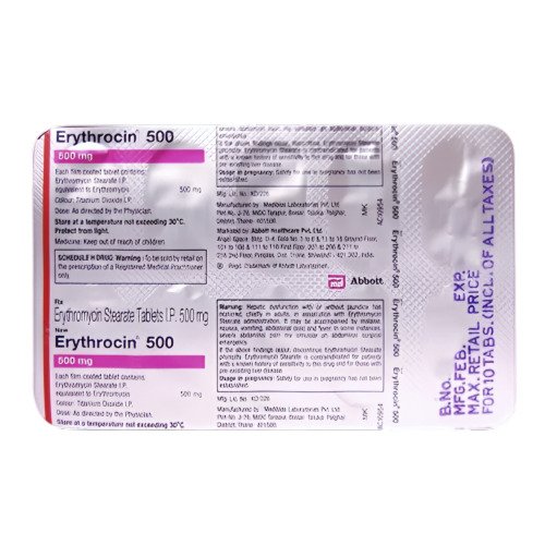 Close-up blister strip of Erythrocin 500 showing dosage details and brand labeling