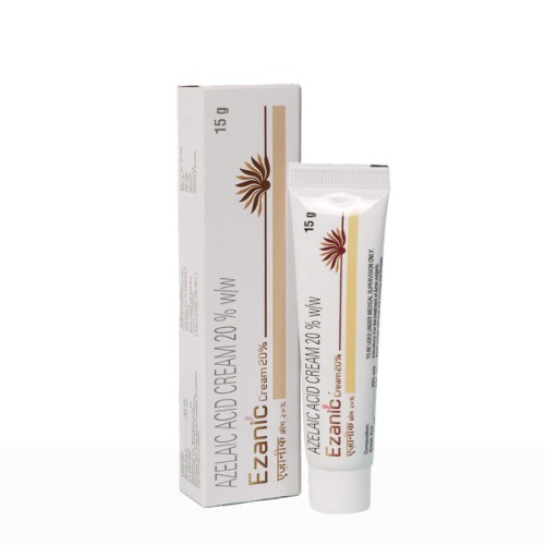 Ezanic Cream 20% (Azelaic Acid) tube standing upright next to its box in vertical display