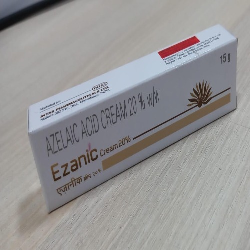 Ezanic Cream 20% (Azelaic Acid) single outer box packaging placed on wooden surface
