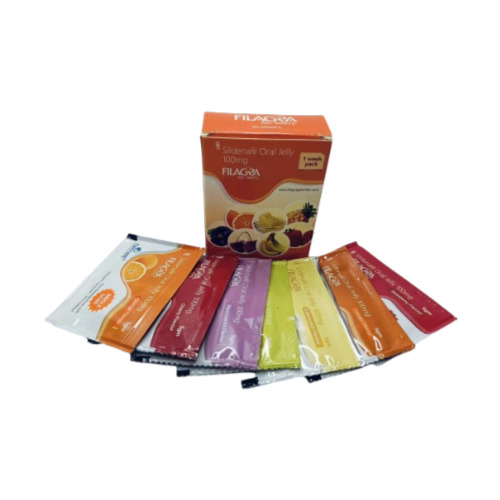 Open pack of Filagra Oral Jelly 100mg showing multiple sachets in various flavors