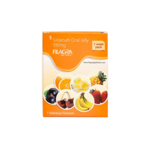 Filagra Oral Jelly 100mg orange fruit design box with sachets for erectile dysfunction treatment