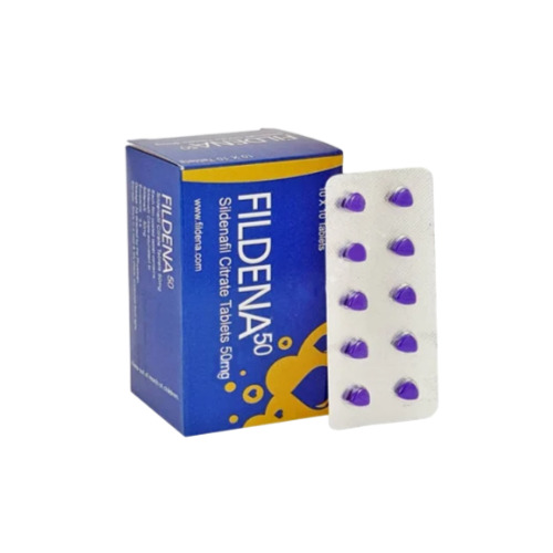 Fildena 50 tablets purple pills with branded box packaging
