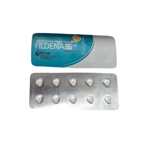 Fildena CT 50 chewable tablets silver blister pack close-up