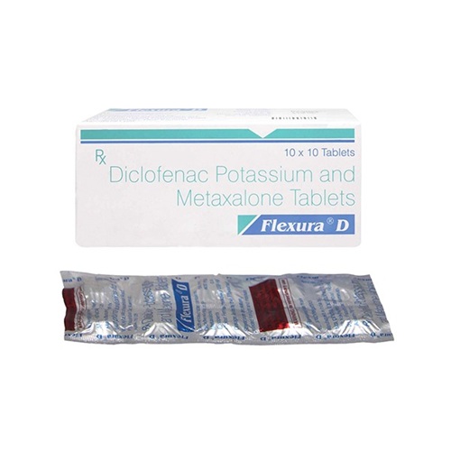 Flexura D 100 tablets blister pack shown with product box, pain relief and muscle relaxant