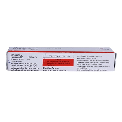 Flonida 1% Cream (Fluorouracil) 10g topical tube side view with red printed details for actinic keratosis therapy online pharmacy