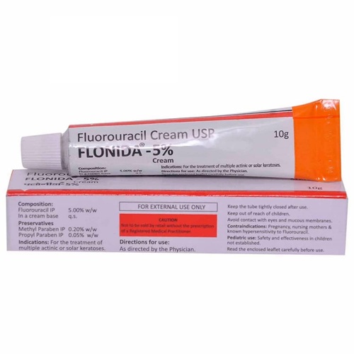 Flonida 5% Cream (Fluorouracil) 10g two tubes stacked with carton packaging for oncology dermatology treatment online pharmacy