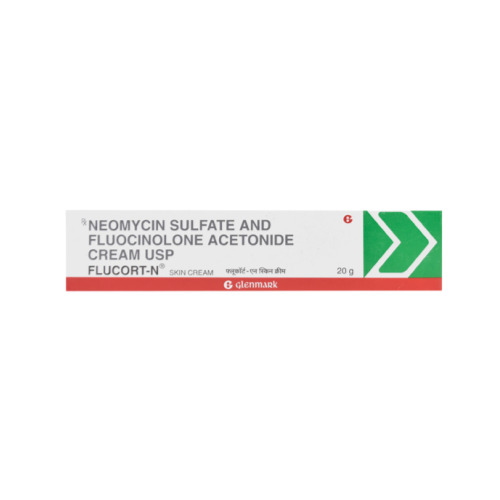 Flucort-N Skin Cream 20gm (Fluocinolone Acetonide + Neomycin) tube displayed horizontally with dosage details visible
