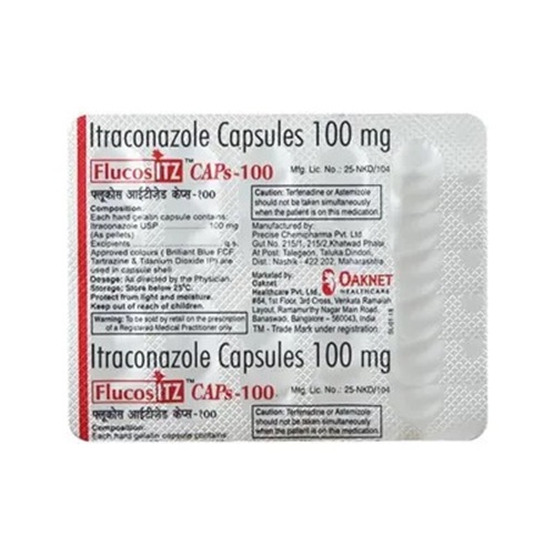 Flucos Itz 100 itraconazole blister strips front view, oral antifungal capsules for candidiasis, aspergillosis, and dermatophytosis, supplied by trusted online pharmacy