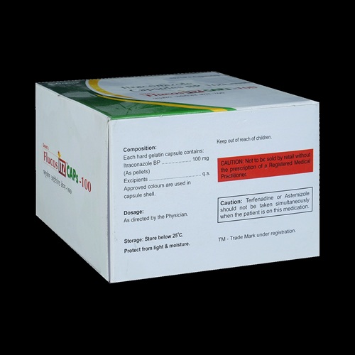 Flucos Itz 100 itraconazole outer carton with capsule packs, affordable antifungal medication for prophylaxis and treatment in immunocompromised patients, global delivery via ZarvyPharm
