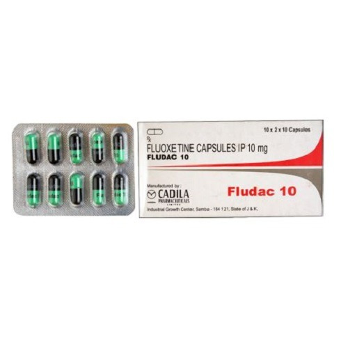 Fludac 10 (Fluoxetine 10mg) Cadila branded carton with multiple blister strips of capsules