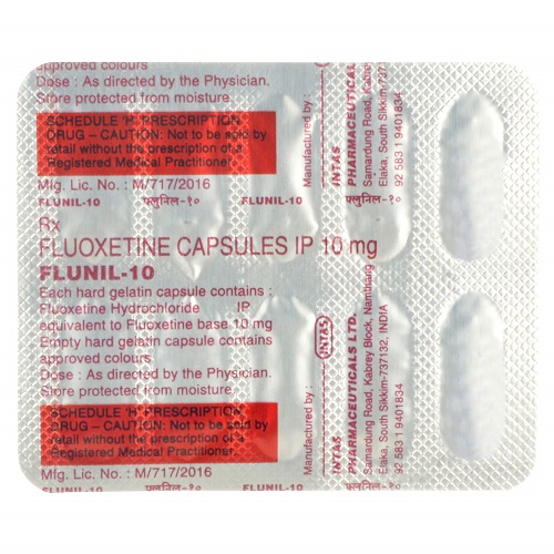 Flunil 10 capsules 10mg silver foil blister strip with printed red text and green capsules