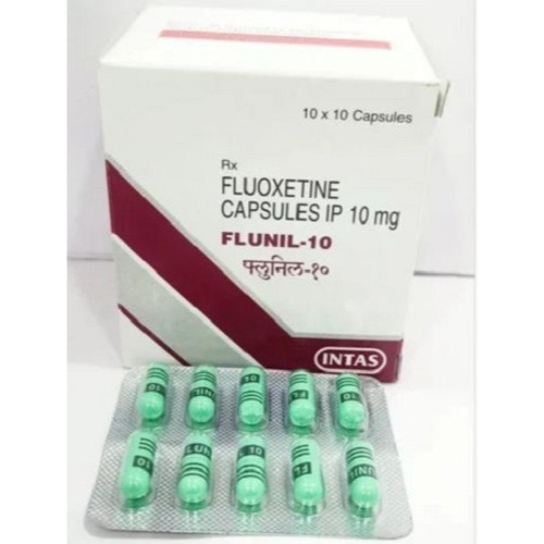 Flunil 10 (Fluoxetine 10mg) Intas carton with multiple blister strips of green capsules