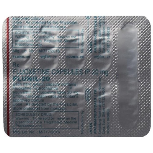 Flunil 20 capsules 20mg silver foil blister strip with printed text and red-white capsules