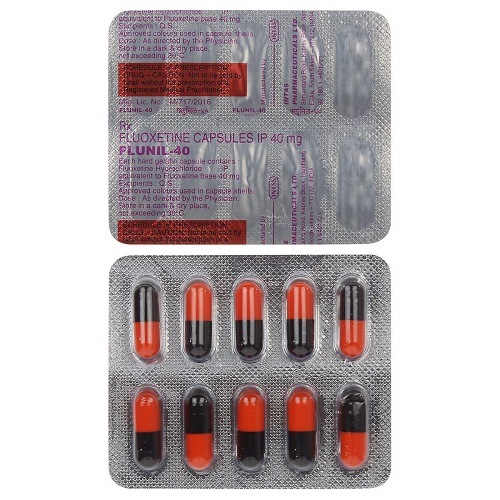 Flunil 40 capsules 40mg silver foil blister strip with printed text and orange-black capsules